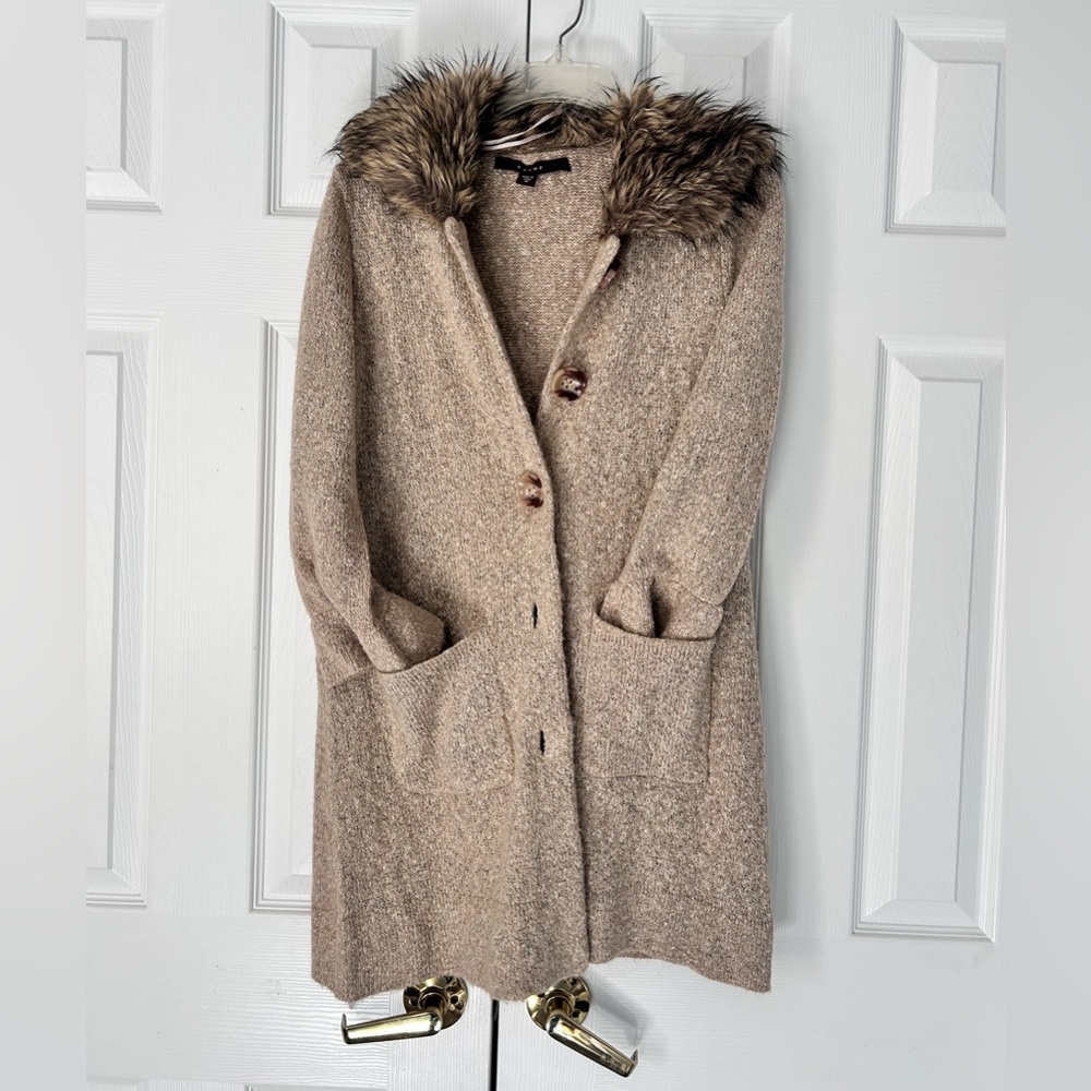 Fever Cardigan with Faux Fur Trim Tan Brown Pockets Button Up Medium 3/4 sleeve